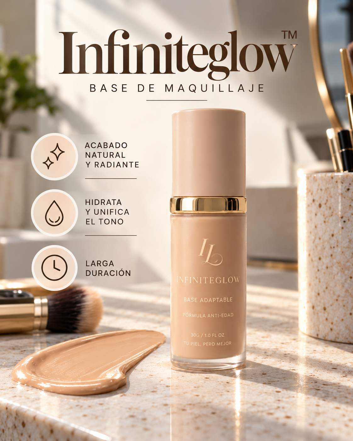 Infiniteglow™ - Base de Maquillaje Antiedad con SPF 50 – Se Adapta a tu Tono de Piel